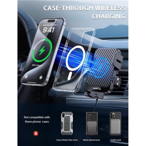 Wireless Car Charger, MOKPR 15W Fast Charging Auto-Clamping Charger Phone Mount - Picture 5 of 7